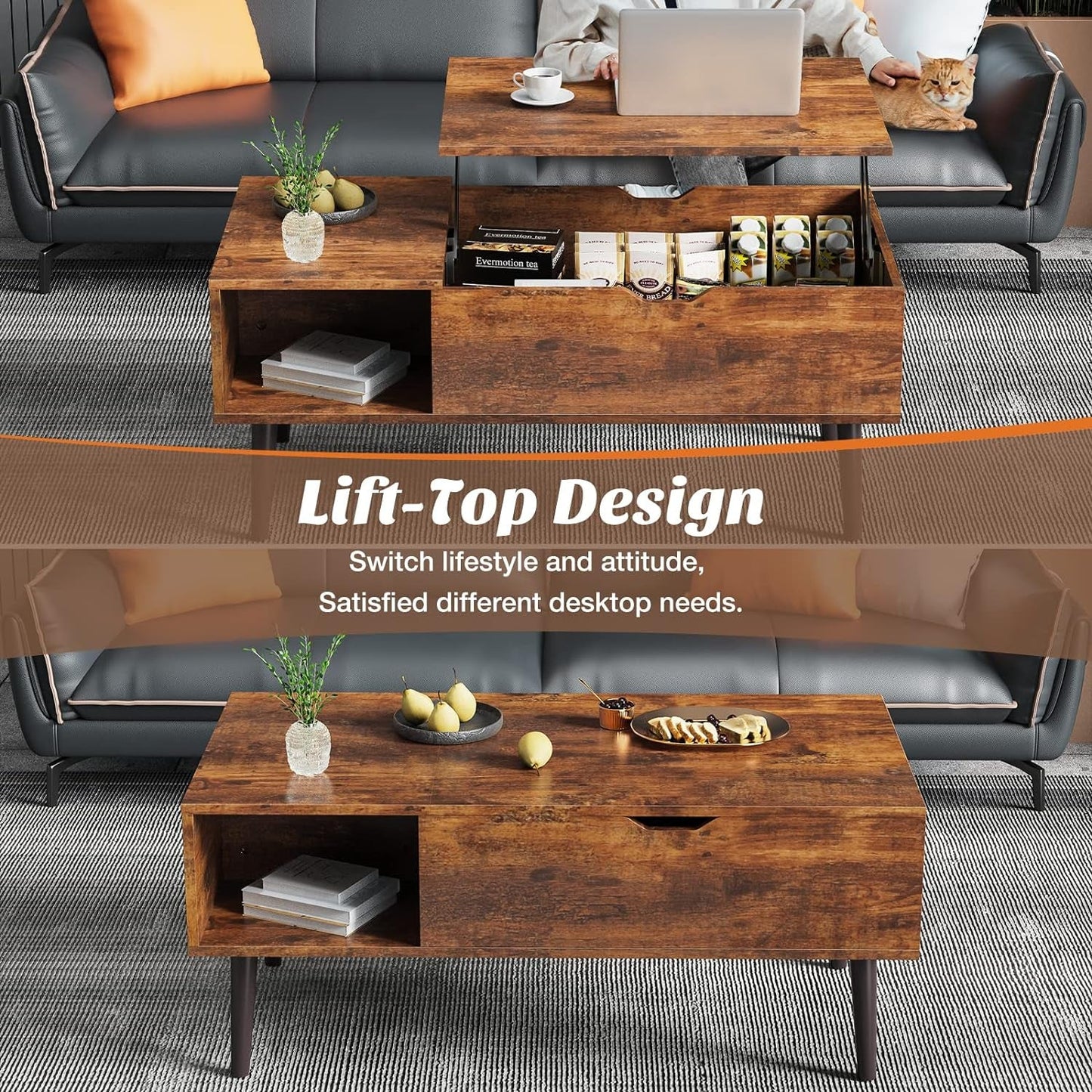 Textured Wood Lift Top Coffee Table