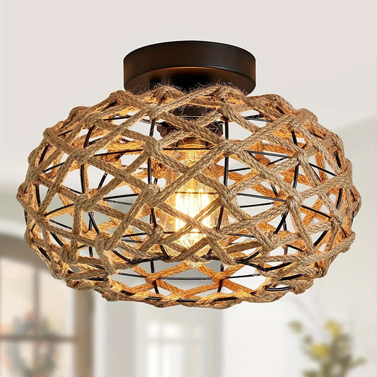 Boho Woven Hemp Semi-Flush Ceiling Light