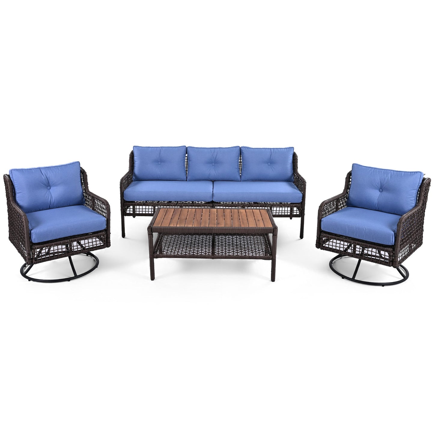 5-Piece Outdoor Swivel Patio Furniture Set with Blue Cushions and Wood Coffee Table