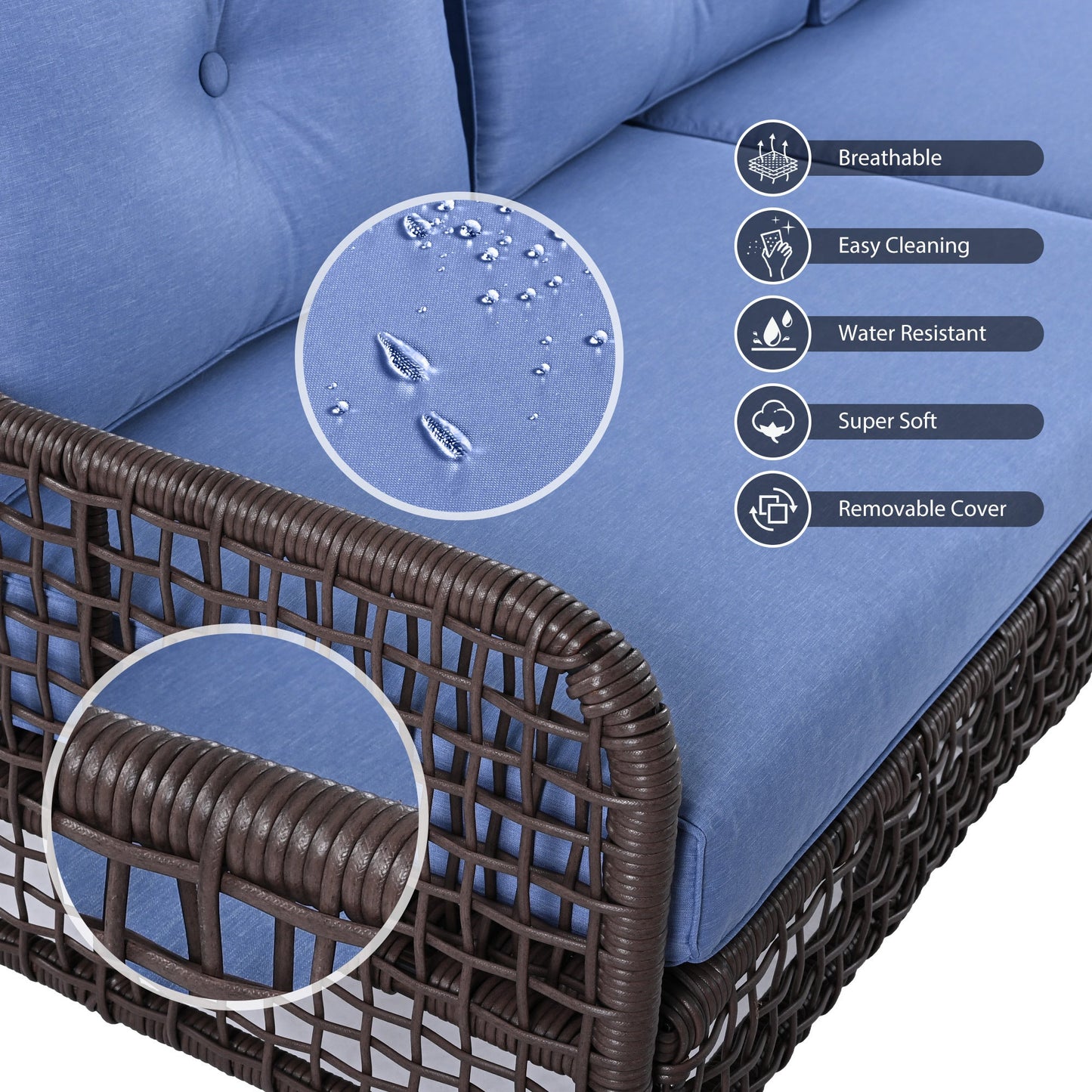 5-Piece Outdoor Swivel Patio Furniture Set with Blue Cushions and Wood Coffee Table
