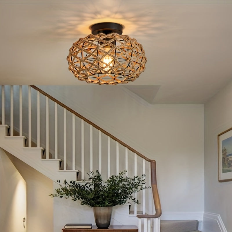Boho Woven Hemp Semi-Flush Ceiling Light