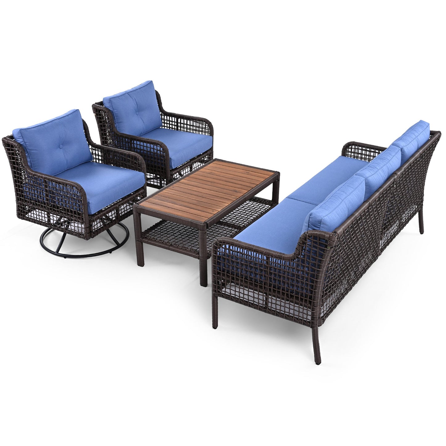 5-Piece Outdoor Swivel Patio Furniture Set with Blue Cushions and Wood Coffee Table