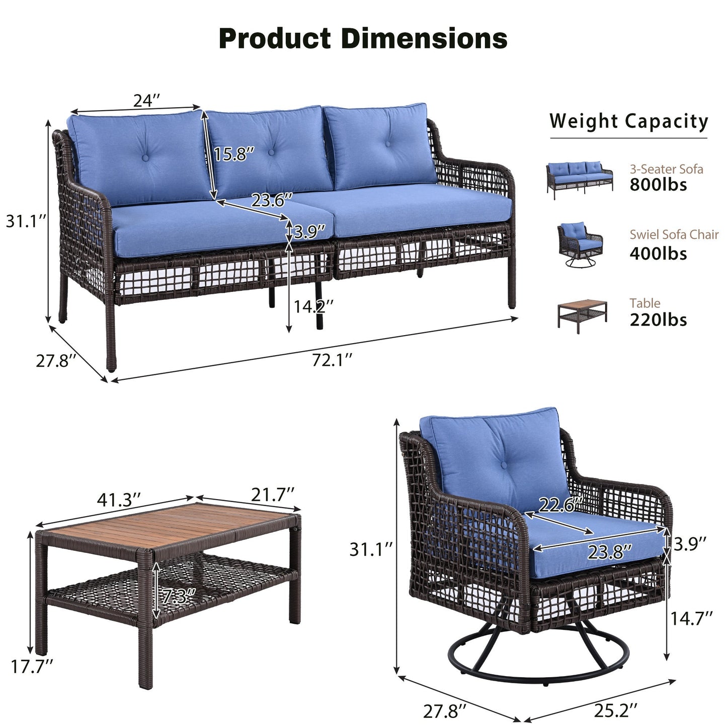 5-Piece Outdoor Swivel Patio Furniture Set with Blue Cushions and Wood Coffee Table