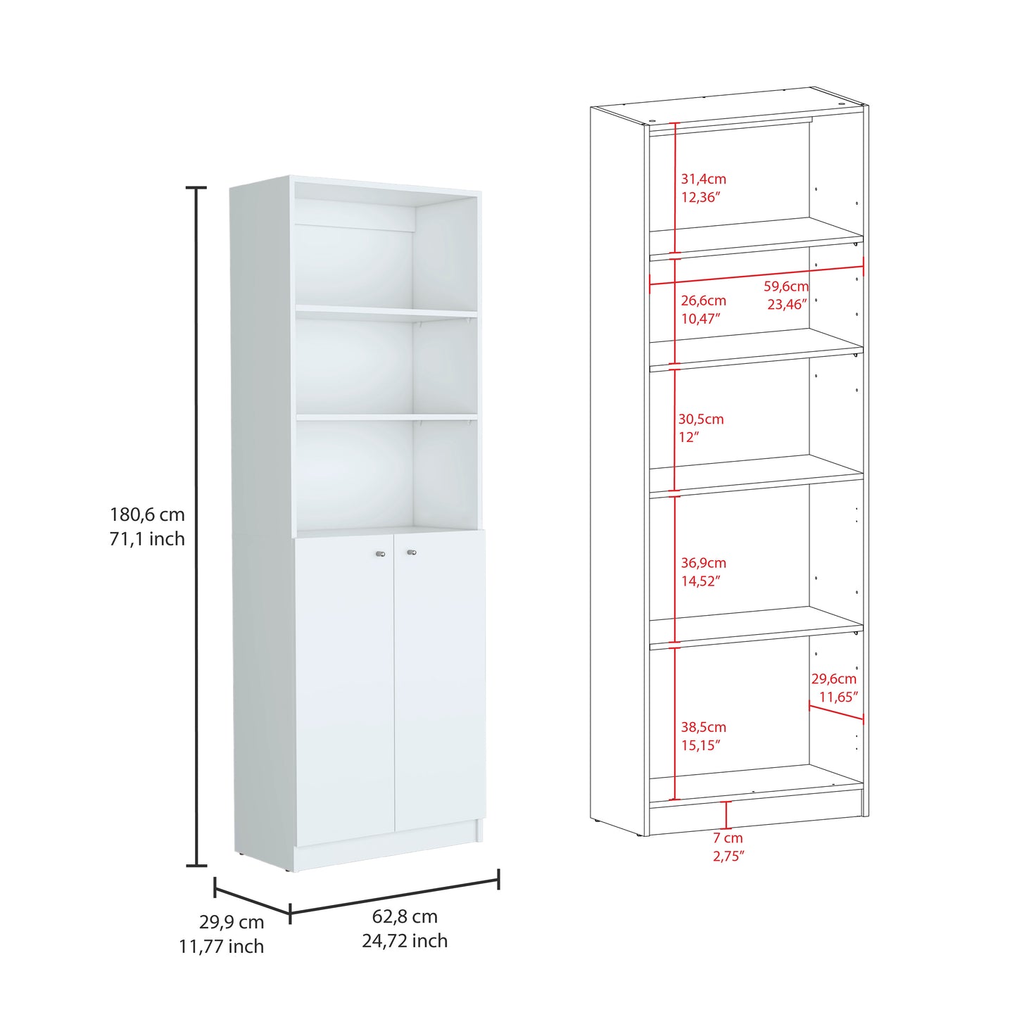Salina 3-Piece White Bookcase Living Room Set