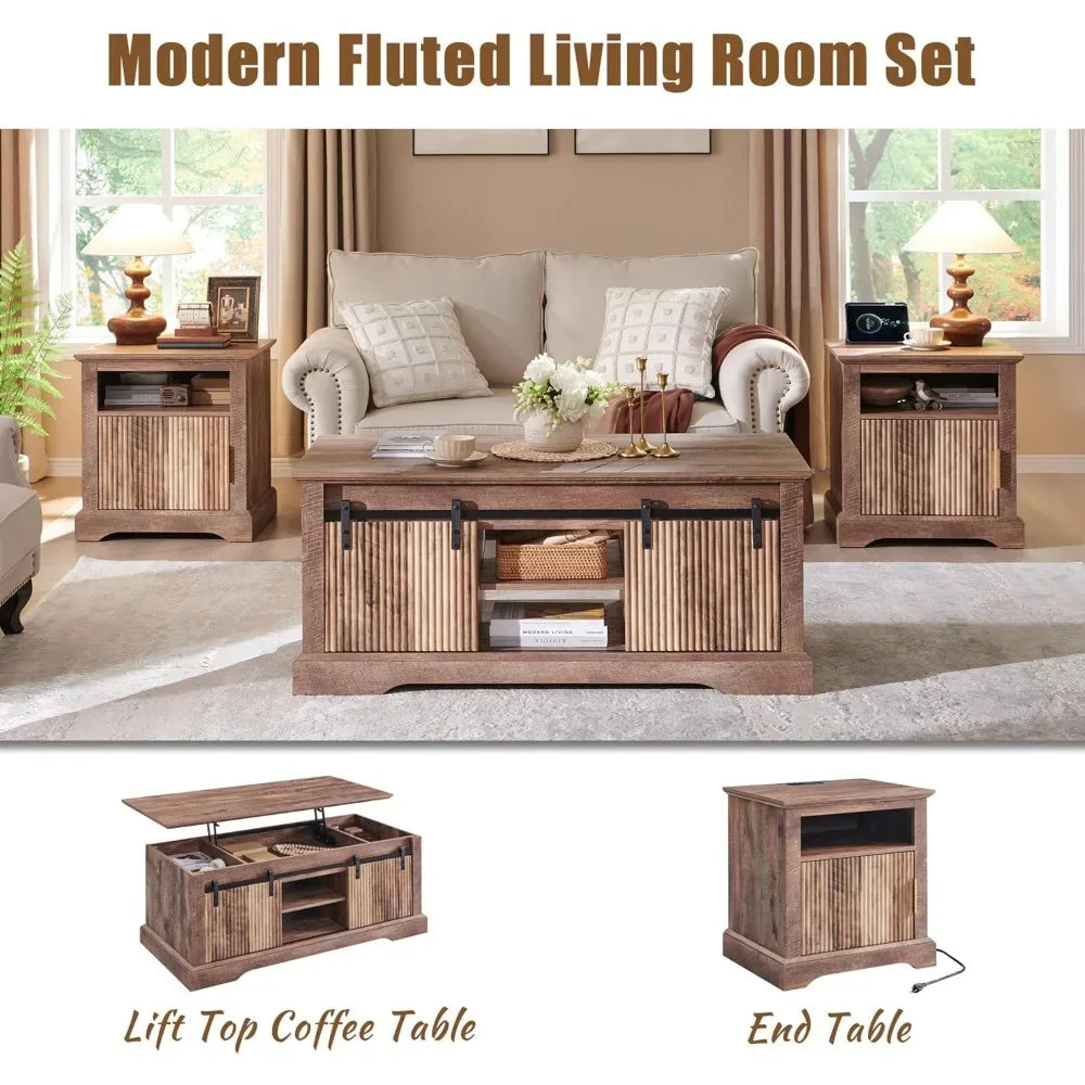 Modern Fluted Lift Top Coffee Table with Storage