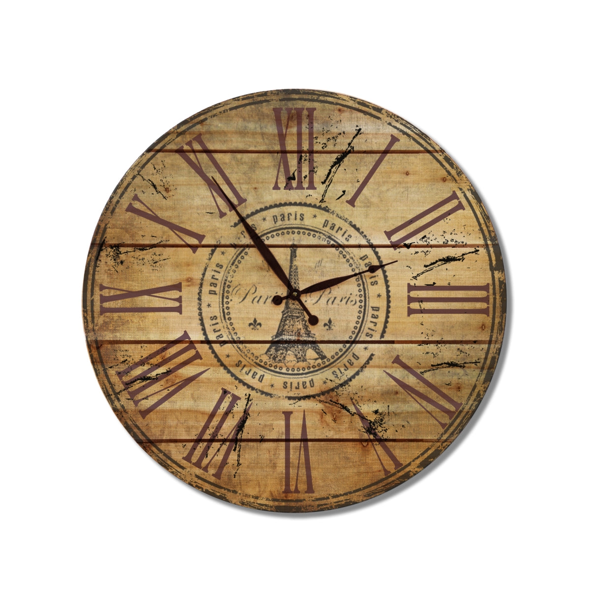 A round wall clock with a distressed wood-grain face, featuring dark brown Roman numerals and a vintage Paris-themed center design with the Eiffel Tower illustration.
