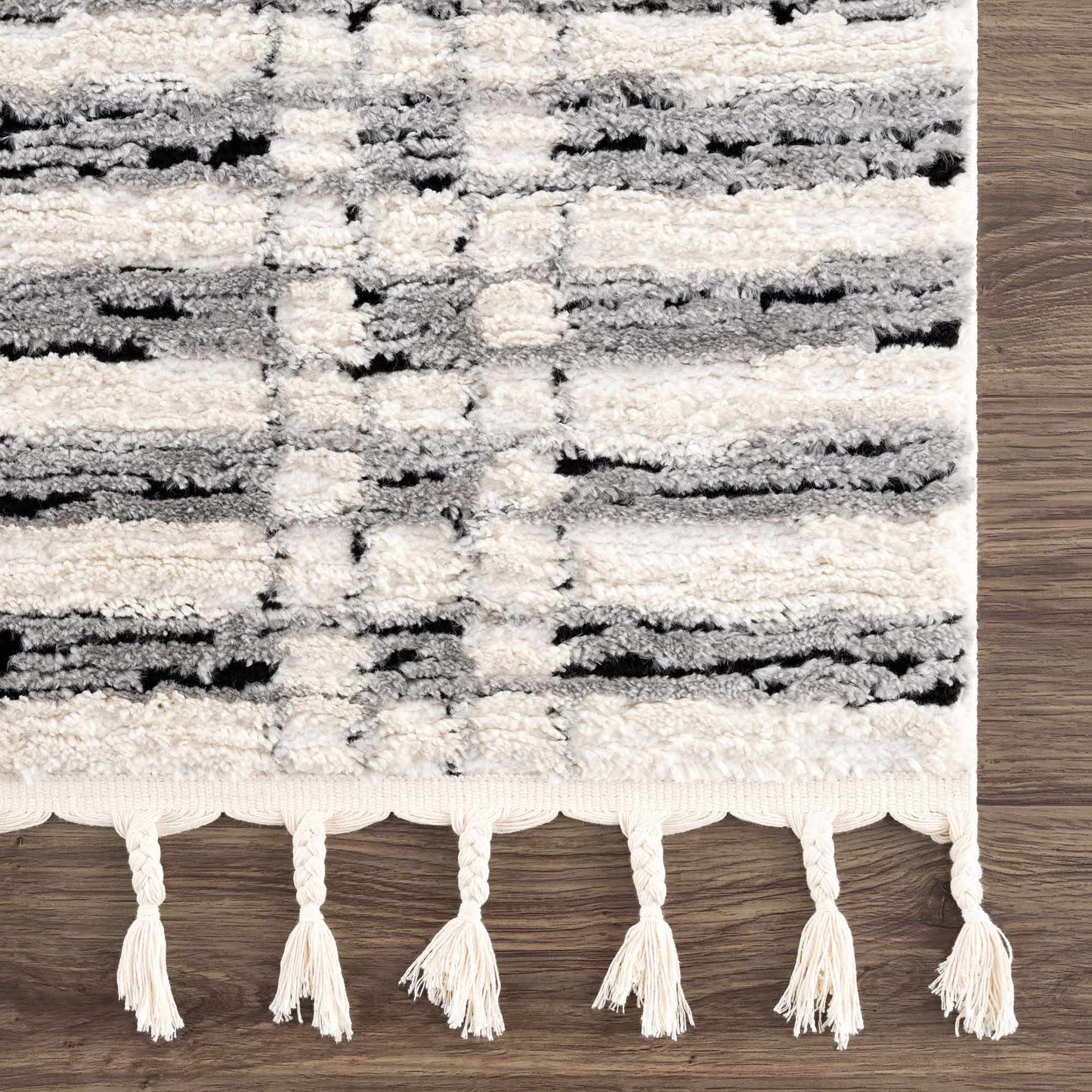 Nava Area Rug with Tassels – Cozy High Pile Striped Rug, Neutral Tones