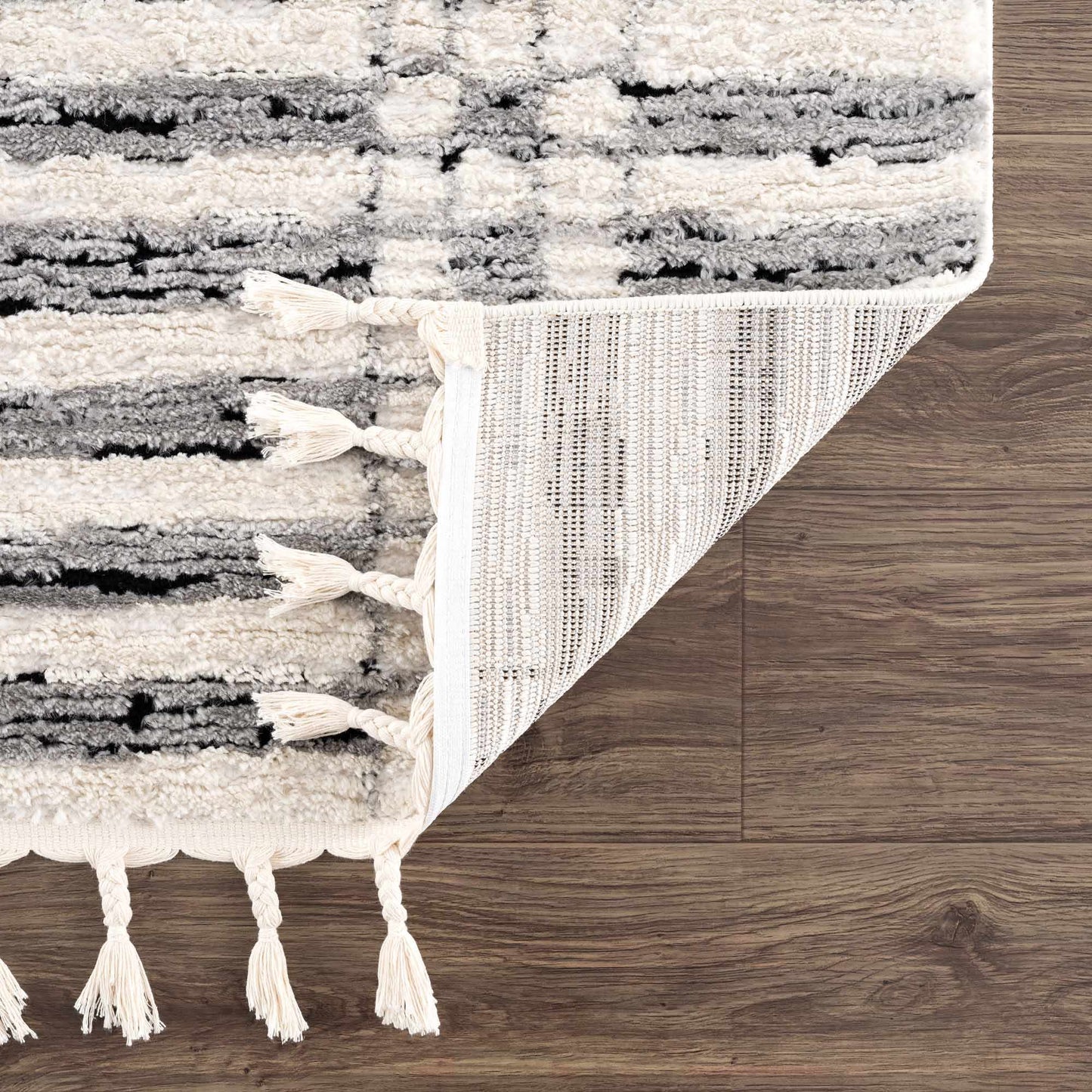Nava Area Rug with Tassels – Cozy High Pile Striped Rug, Neutral Tones