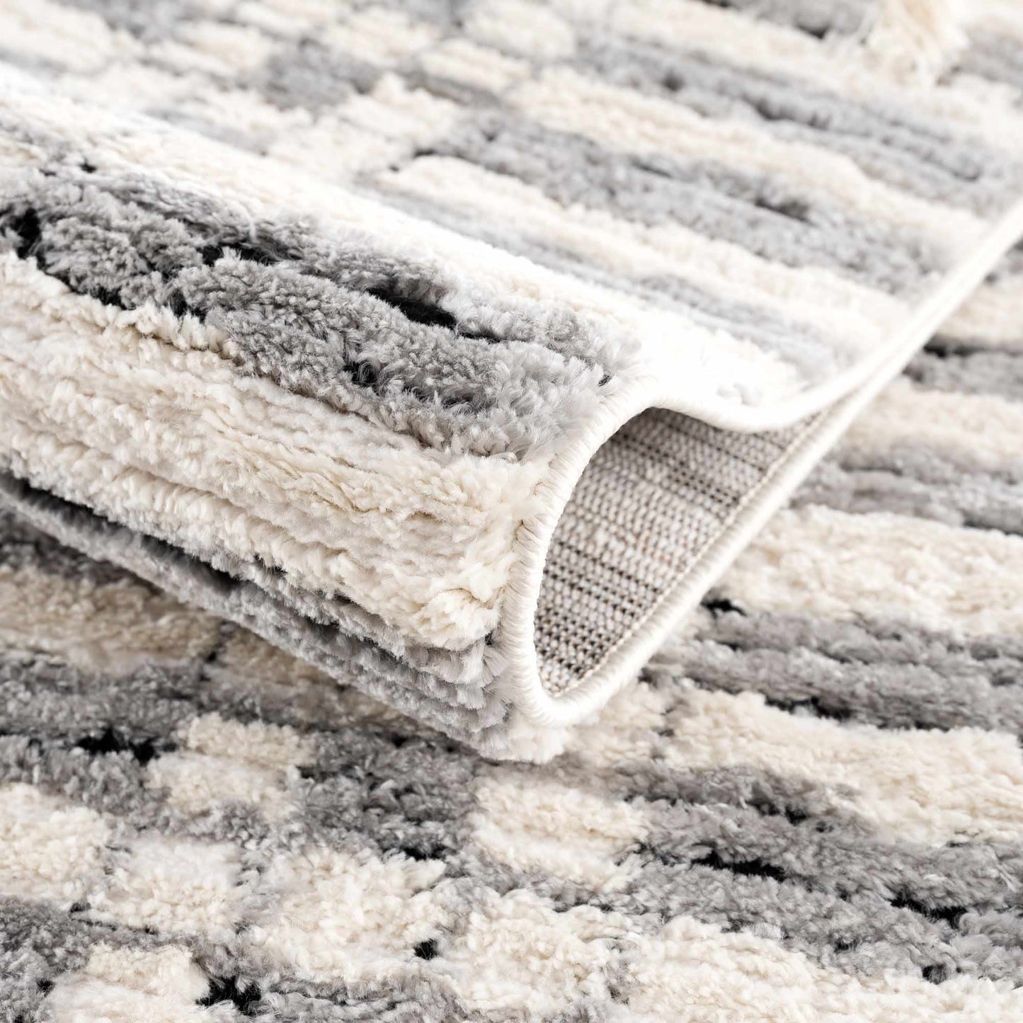 Nava Area Rug with Tassels – Cozy High Pile Striped Rug, Neutral Tones