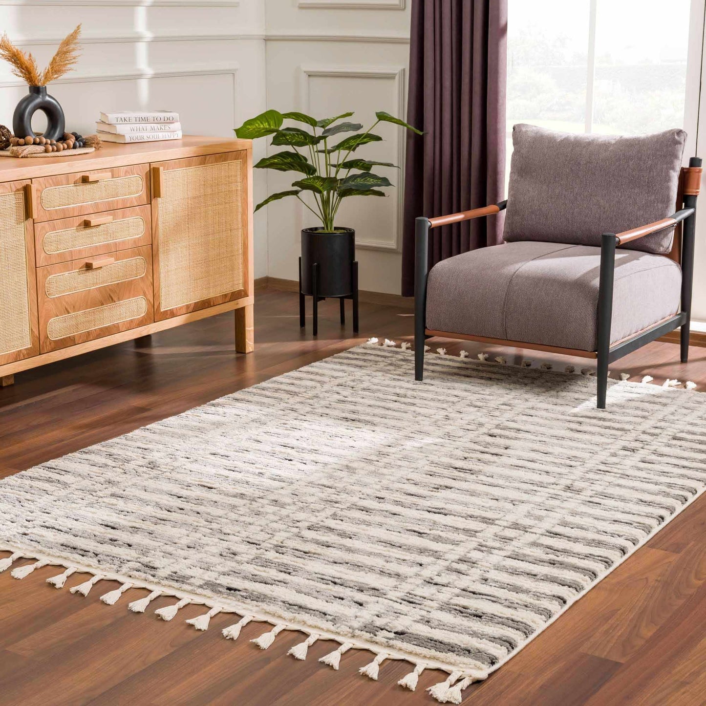 Nava Area Rug with Tassels – Cozy High Pile Striped Rug, Neutral Tones