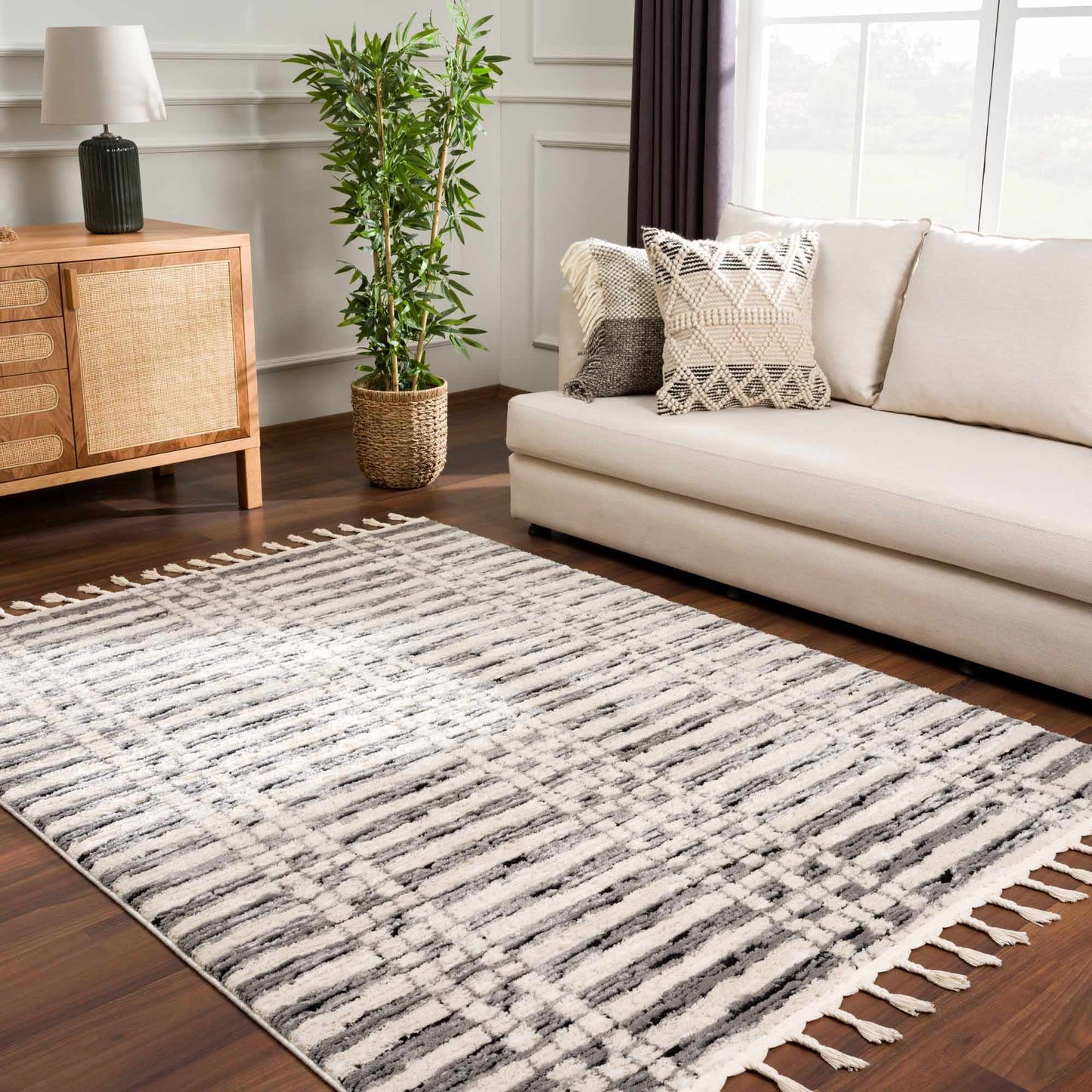 Nava Area Rug with Tassels – Cozy High Pile Striped Rug, Neutral Tones