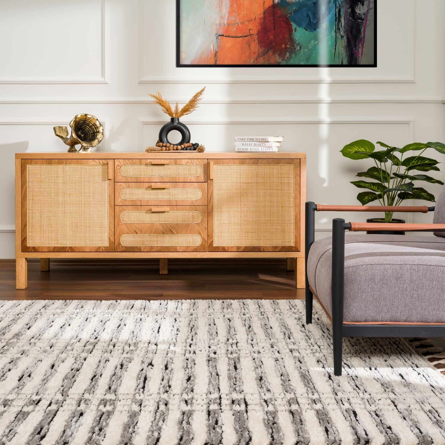 Nava Area Rug with Tassels – Cozy High Pile Striped Rug, Neutral Tones