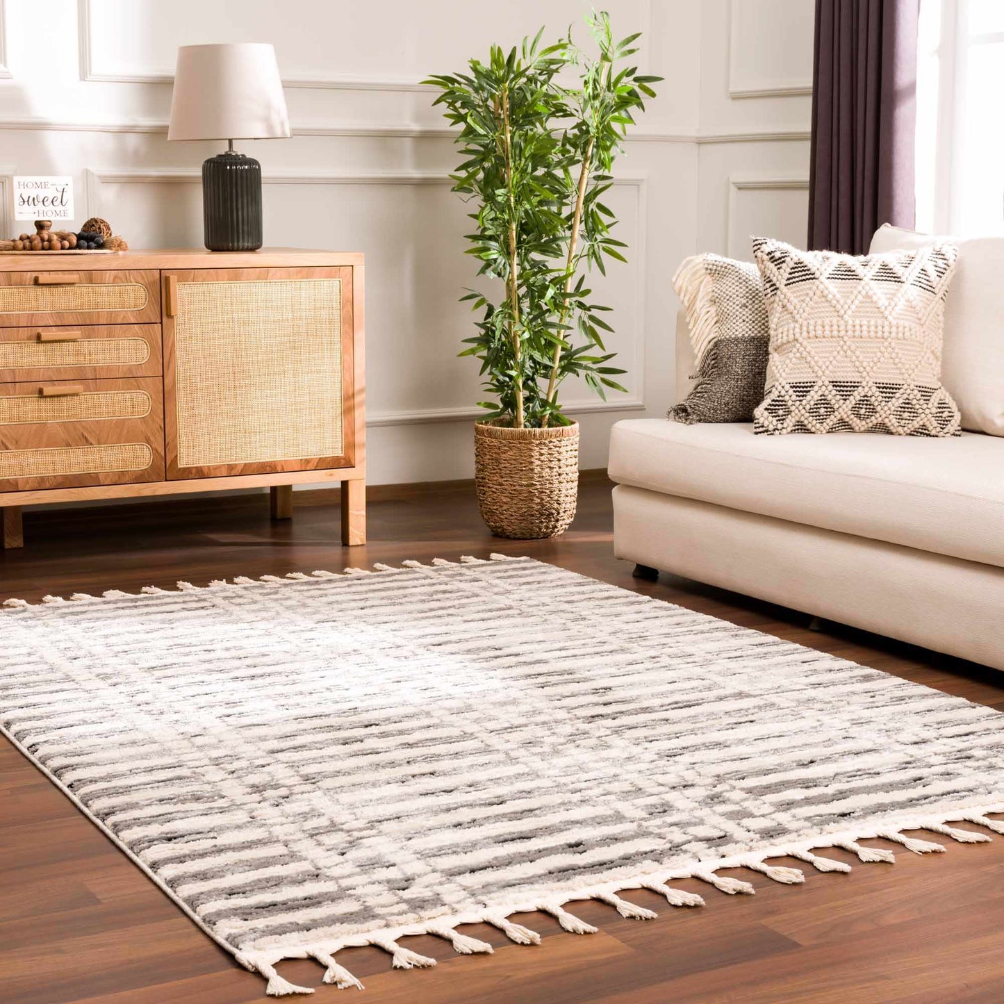Nava Area Rug with Tassels – Cozy High Pile Striped Rug, Neutral Tones