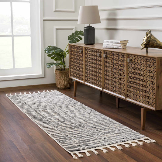 Nava Area Rug with Tassels – Cozy High Pile Striped Rug, Neutral Tones