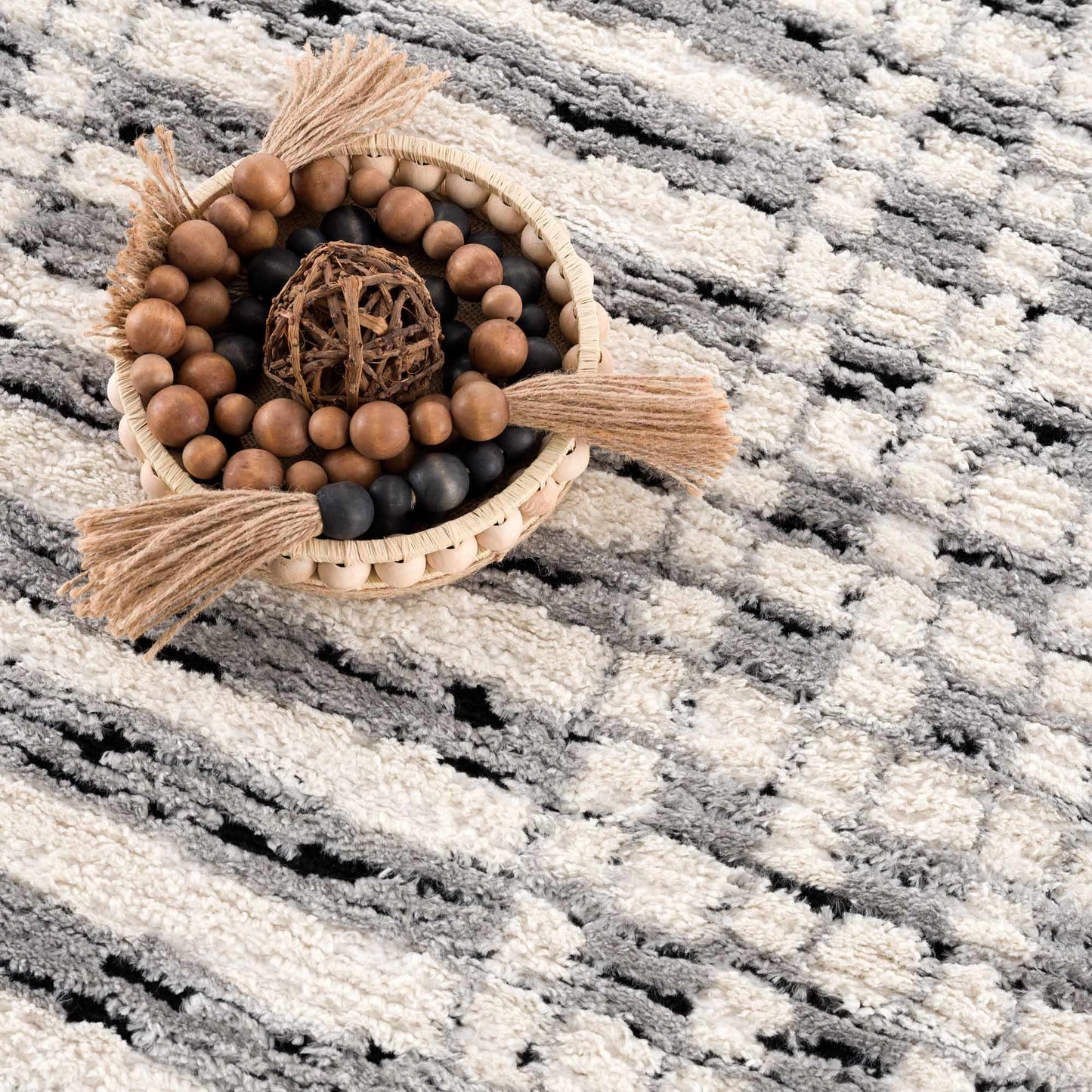 Nava Area Rug with Tassels – Cozy High Pile Striped Rug, Neutral Tones