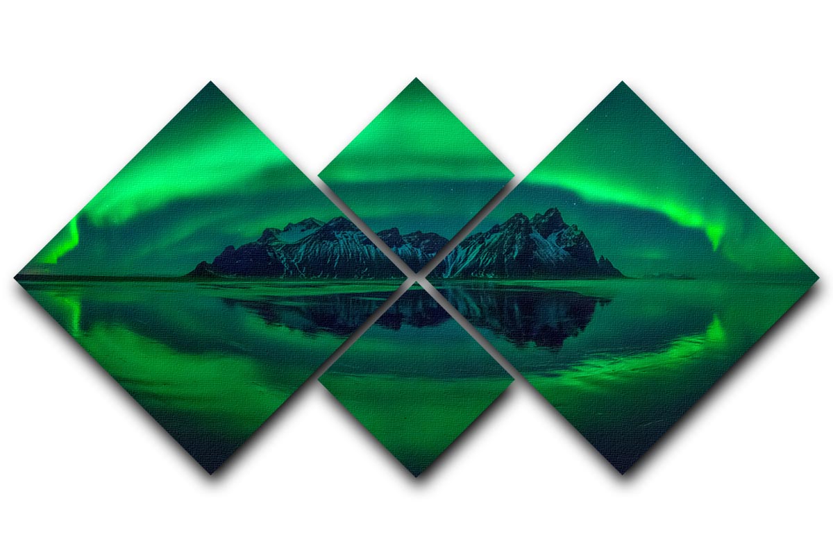 Four diamond-shaped panels showing a mountain reflection in water with green northern lights.