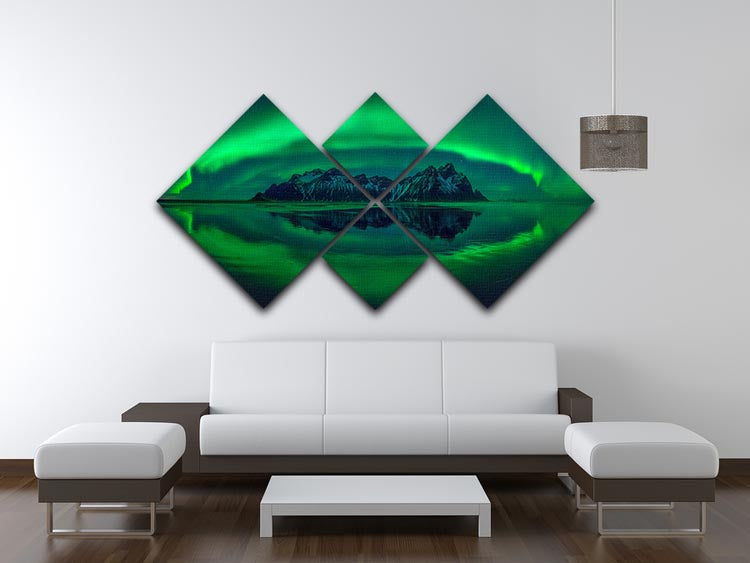 Modern living room with a large green abstract mountain painting on the wall.