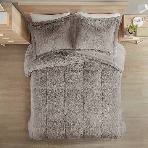 Cozy Sherpa Faux Fur 3-Piece Comforter Set with Pillow Shams, Grey