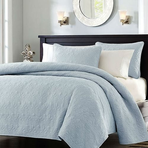3-Piece Full/Queen Quilted Coverlet Set in Light Blue (100% Cotton Fill)