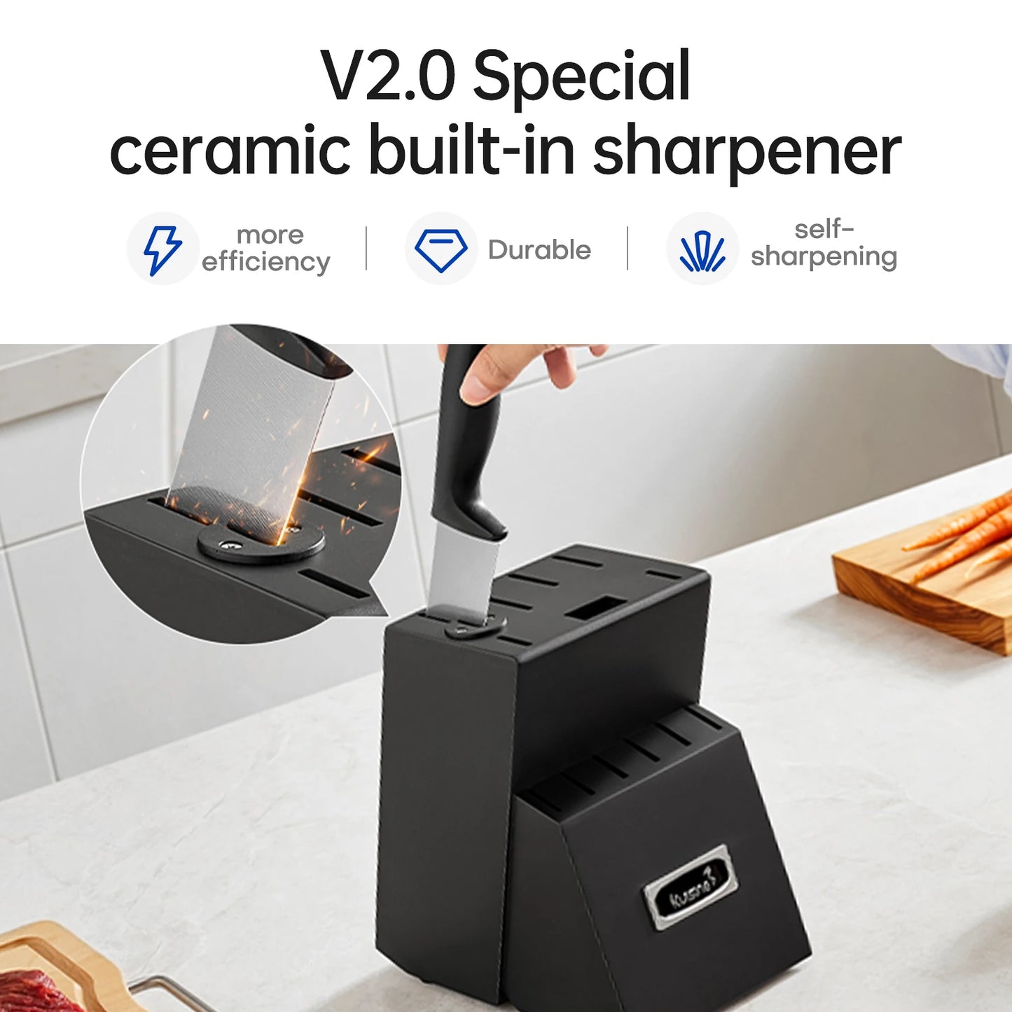 Black ceramic built-in knife sharpener block shown on a kitchen countertop with a hand inserting a knife handle into the sharpening slot. The image includes marketing text at the top and a circular inset showing sparks from the sharpening process.