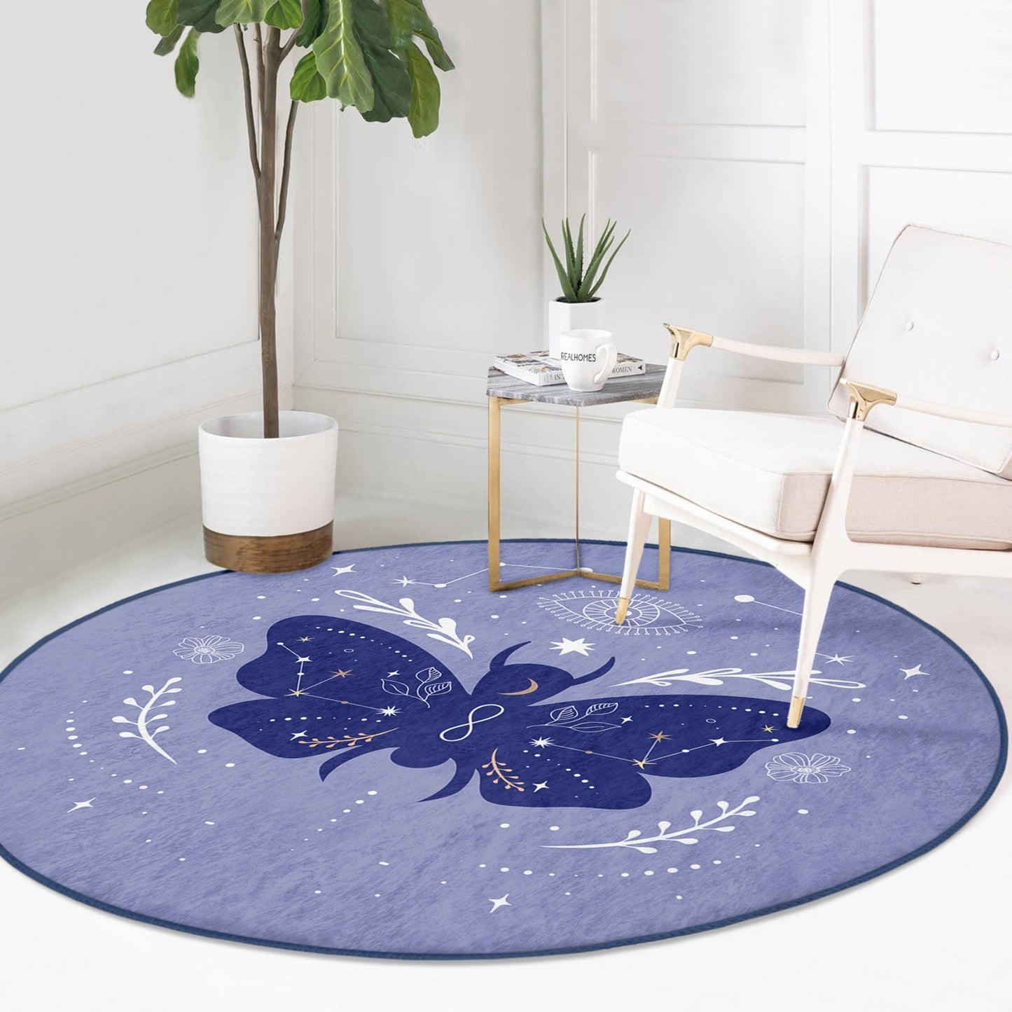 Modern Boho Rug with Purple Butterfly Pattern
