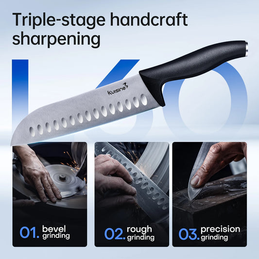 A kitchen knife with a black handle and silver blade featuring oval cutouts, shown over a light blue gradient background with the text 'Triple-stage handcraft sharpening' and three inset photos of sharpening steps. The brand name 'Kusano' is visible on the blade.