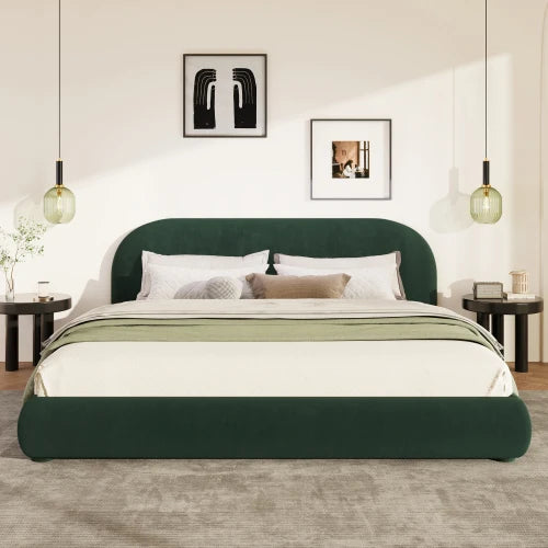 Cream Bouclé Upholstered Platform Bed with Curved Headboard
