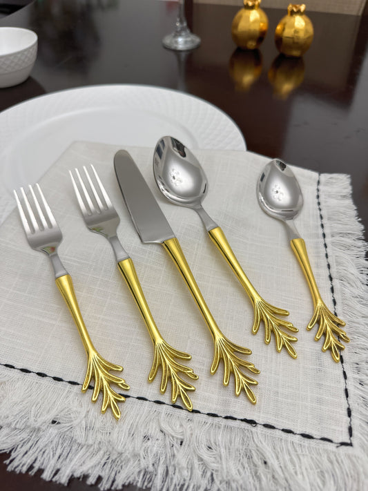 Leaf Motif Gold Flatware Set – 20-Piece Stainless Steel Dining Set