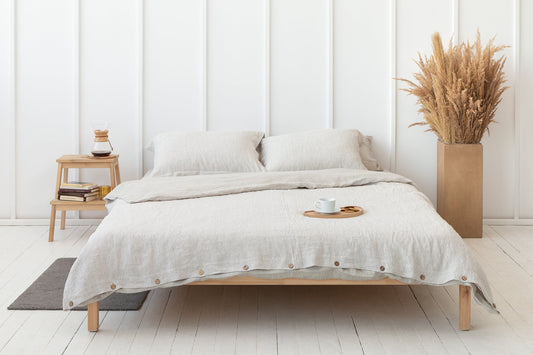 Reversible Linen Bedding Set – Natural Light & Striped Beige, Coconut Button Closure