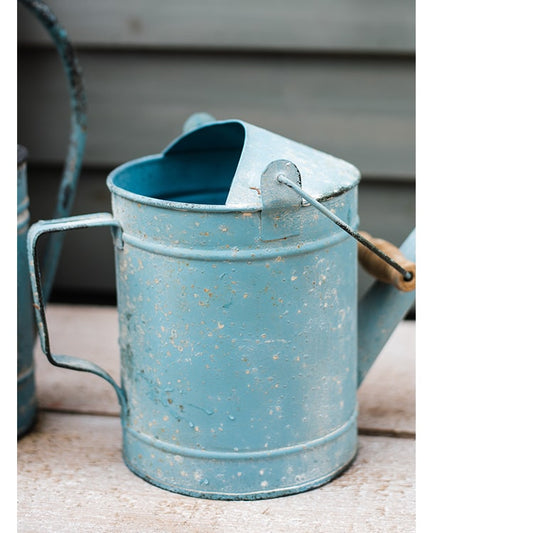 Vintage Turquoise Metal Watering Can with Wooden Handle – Decorative & Functional