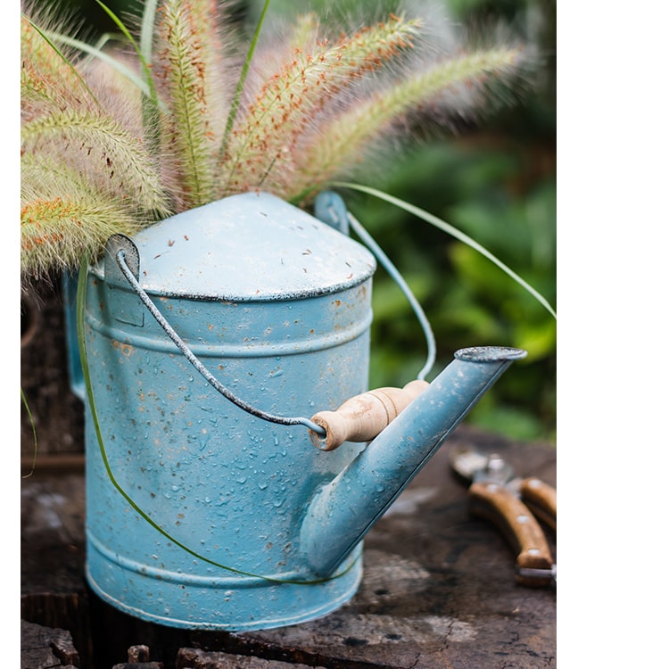 Vintage Turquoise Metal Watering Can with Wooden Handle – Decorative & Functional