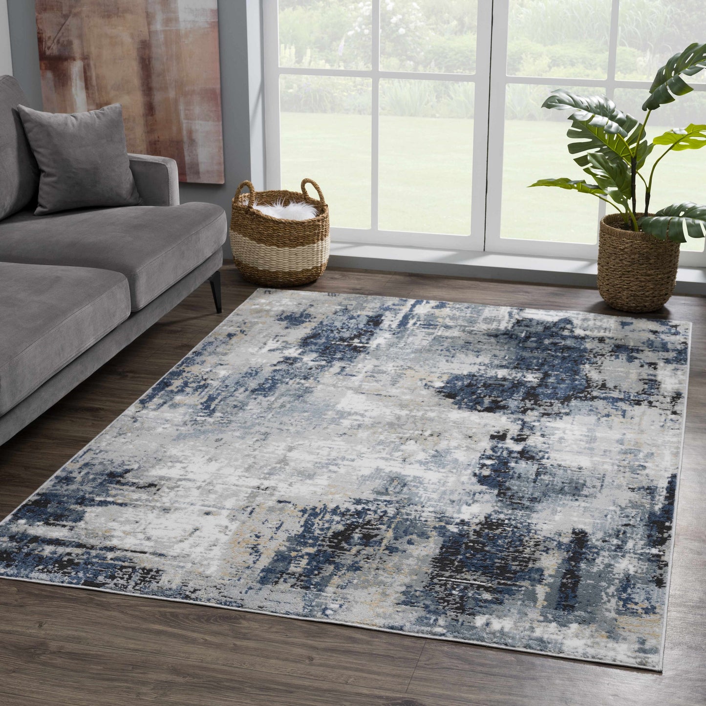 Modern Artistic Area Rug – Campsall Collection in Soft Blue and Gray Tones