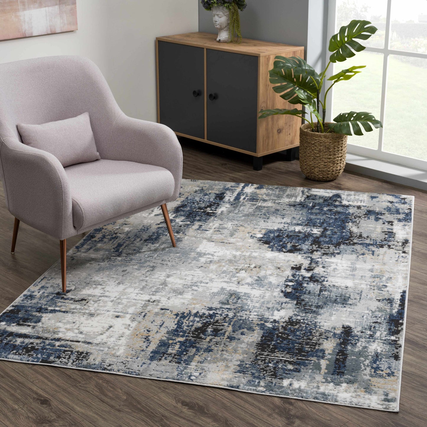 Modern Artistic Area Rug – Campsall Collection in Soft Blue and Gray Tones