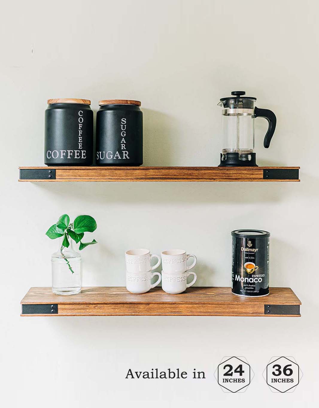 Modern Farmhouse Floating Shelves with Industrial Iron Accents - Set of Two