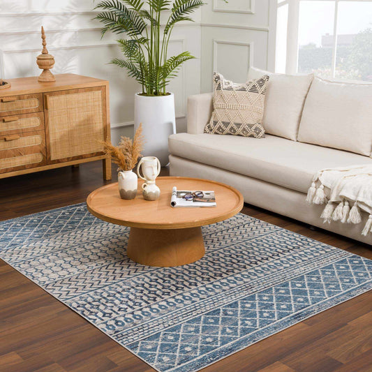 South Glenn Blue Washable Area Rug – Easy Care Geometric Design