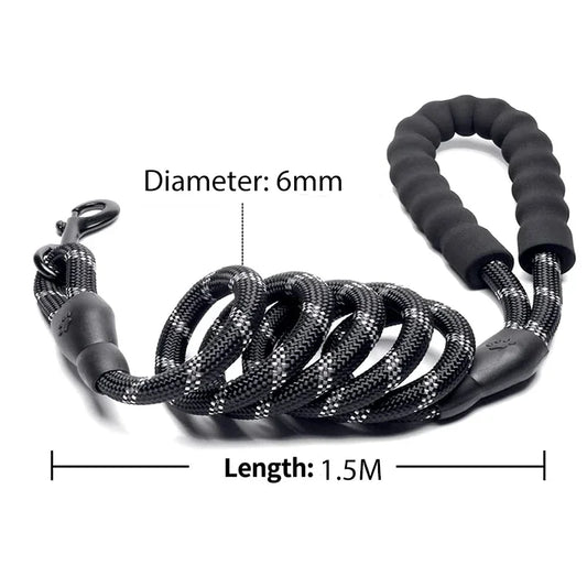 Black dog leash with measurement details on a white background