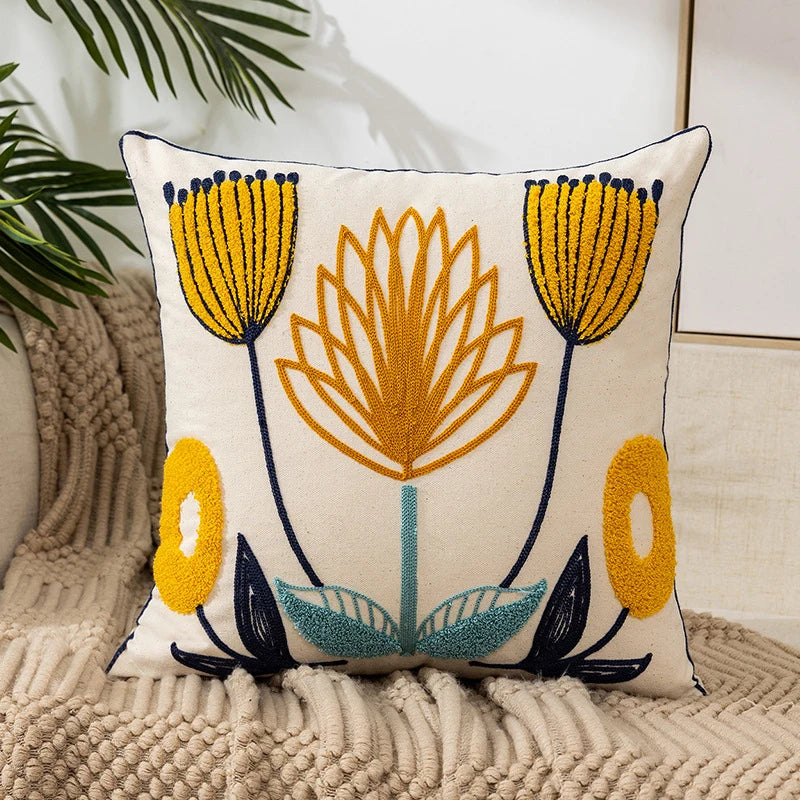 Boho Floral Embroidered Pillow Cover, 18"x18"