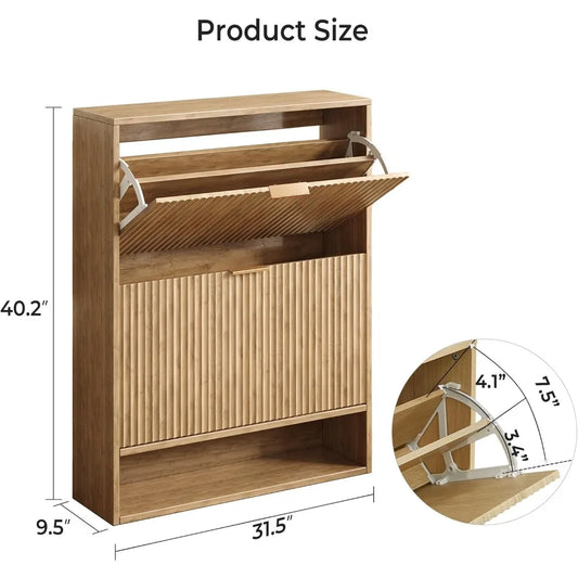 31.5''W Oak Shoe Storage Cabinet for Entryway With 2 Flip Drawers