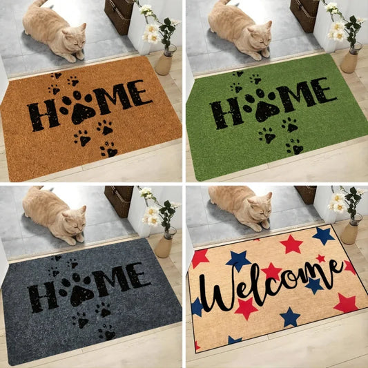 Four doormats with 'HOME' and 'Welcome' text, featuring paw prints and stars, on a wooden floor.