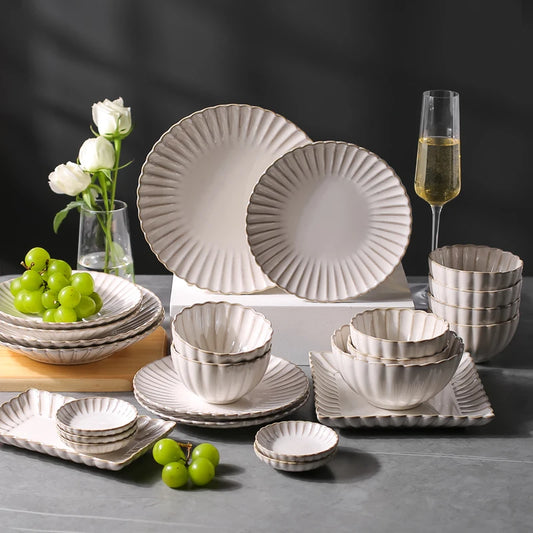 White Chrysanthemum Shaped Ceramic Dinner Sets Bowl Dish Plates Porcelain