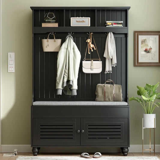 5-in-1 Hall Tree with Shoe Bench, Coat Hooks, and Farmhouse Style Storage