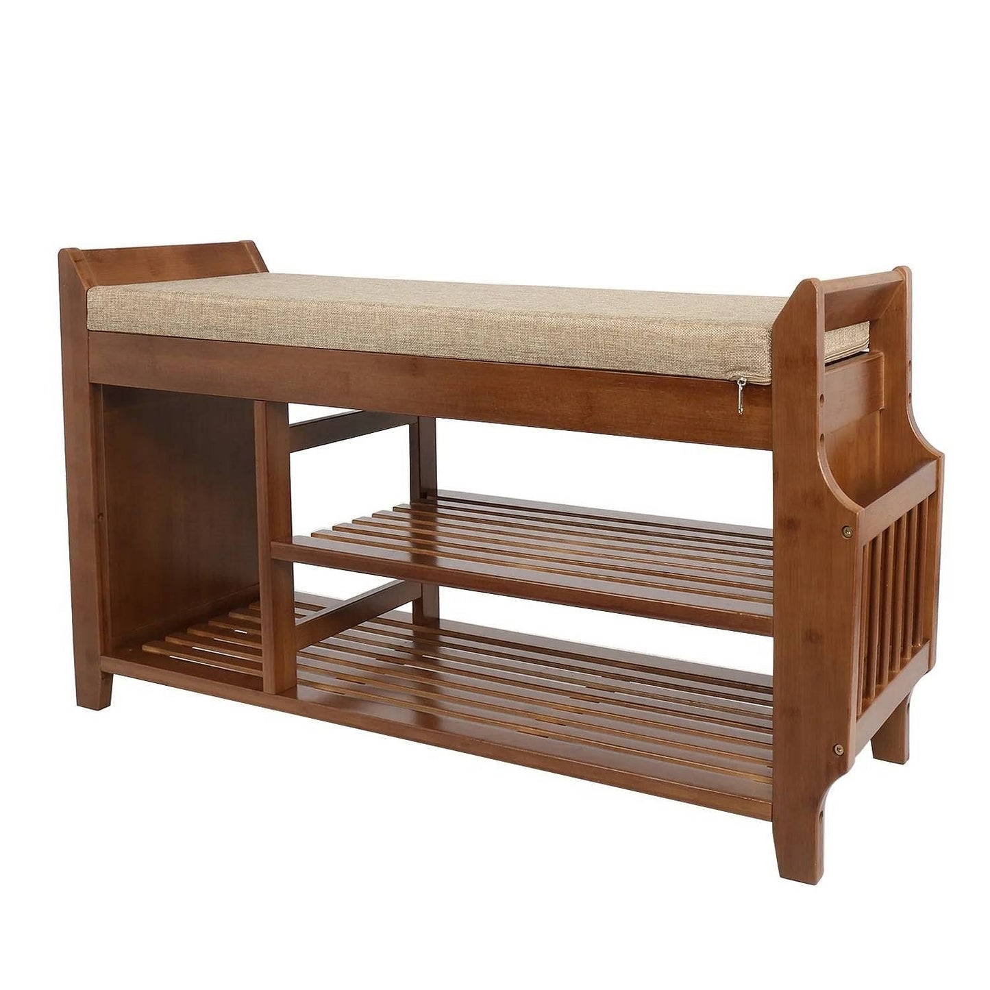 Solid Wood Entryway Shoe Rack Bench with Cushioned Seat & 2 Storage Shelves