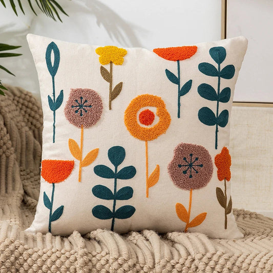 Boho Floral Embroidered Pillow Cover, 18"x18"