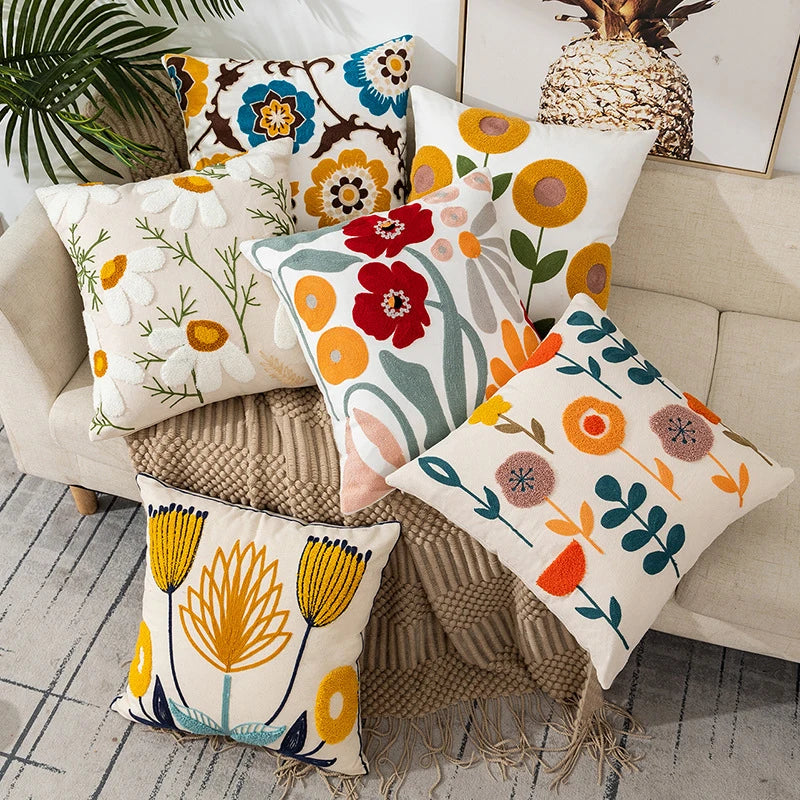 Boho Floral Embroidered Pillow Cover, 18"x18"