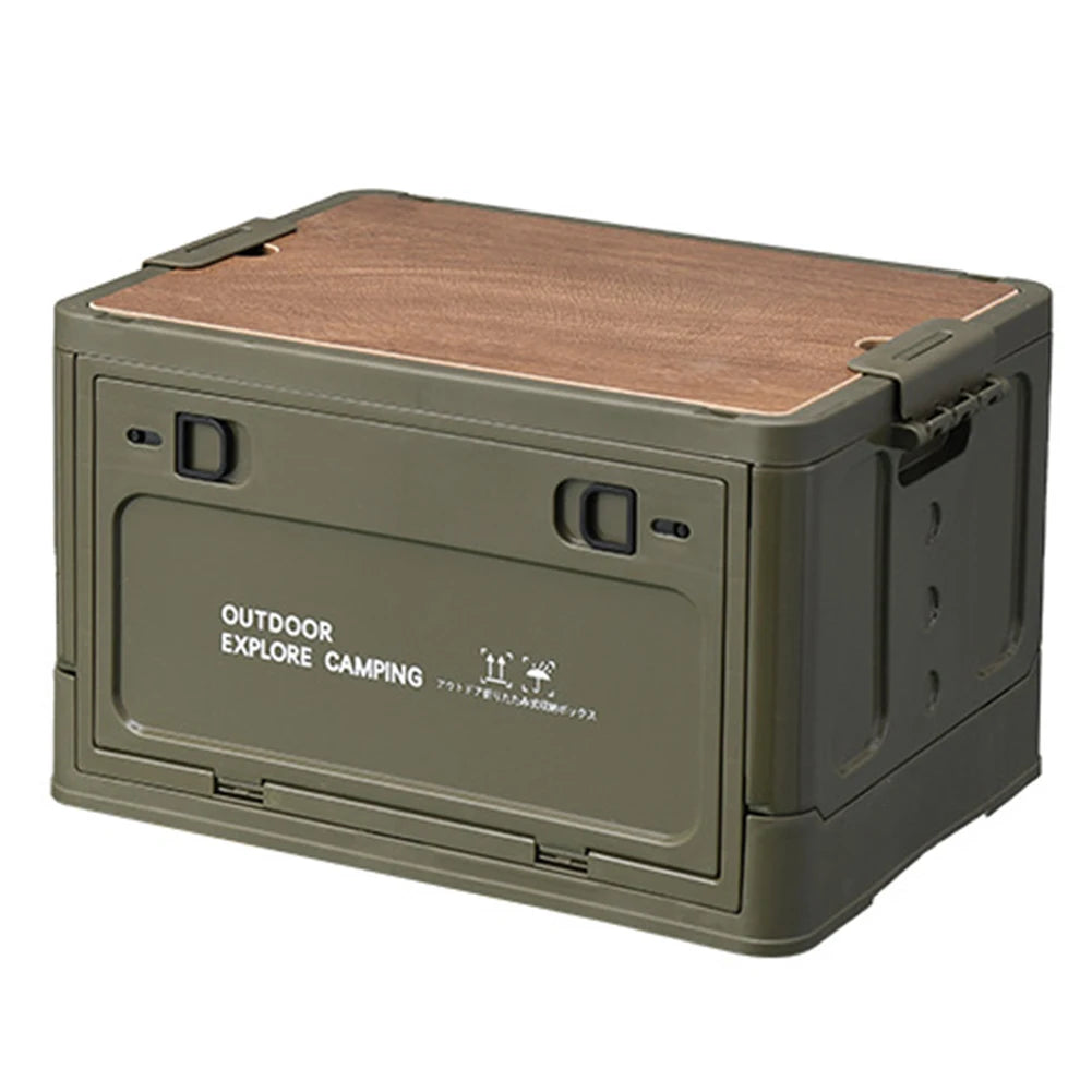 30L Folding Camping Box with Wooden Lid - Stackable Car Trunk Organizer