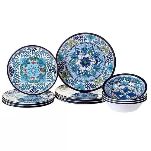 Classic Blue Floral Dinnerware Collection – 12-Piece Melamine Set