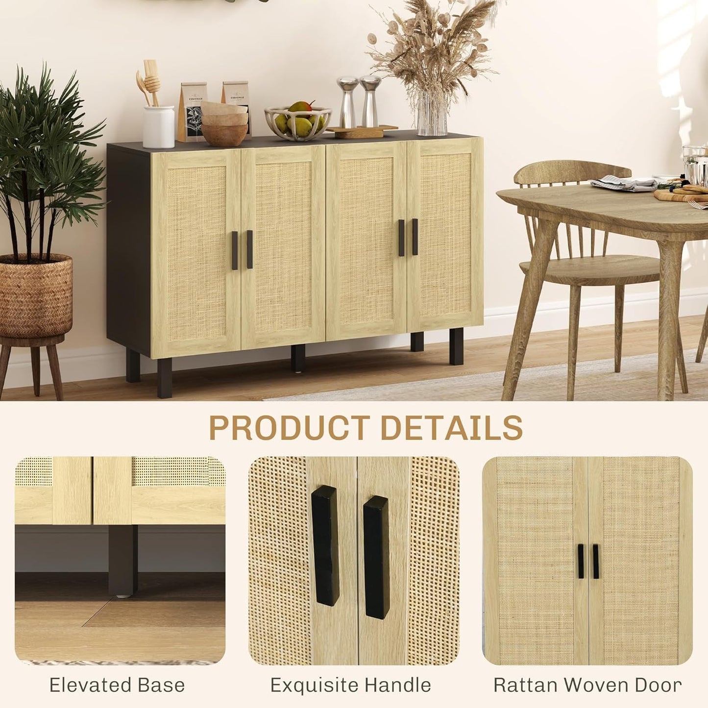 Boho Chic Rattan Buffet Cabinet with Adjustable Shelves – Black & Natural