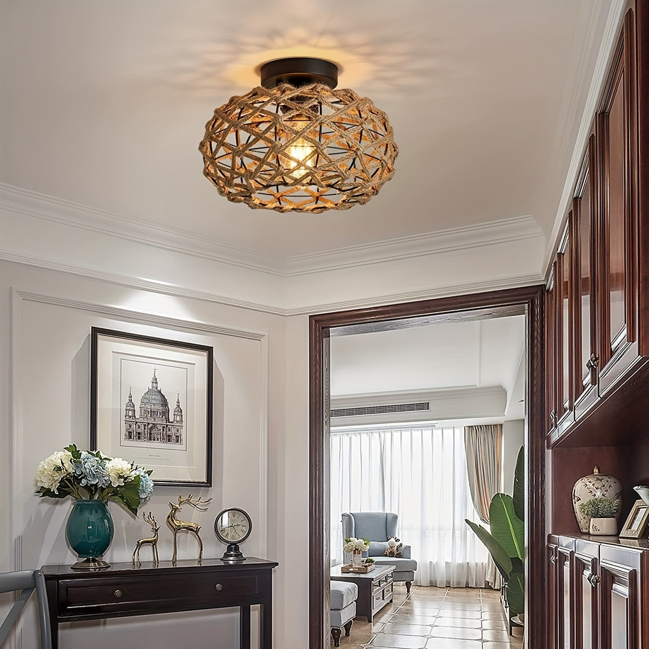 Boho Woven Hemp Semi-Flush Ceiling Light