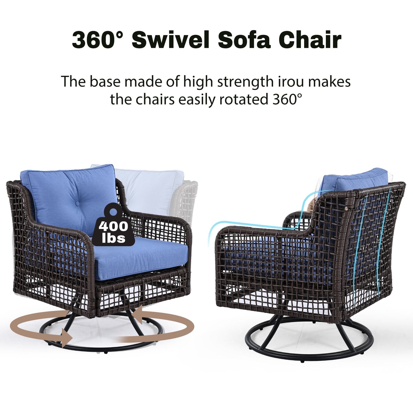 5-Piece Outdoor Swivel Patio Furniture Set with Blue Cushions and Wood Coffee Table
