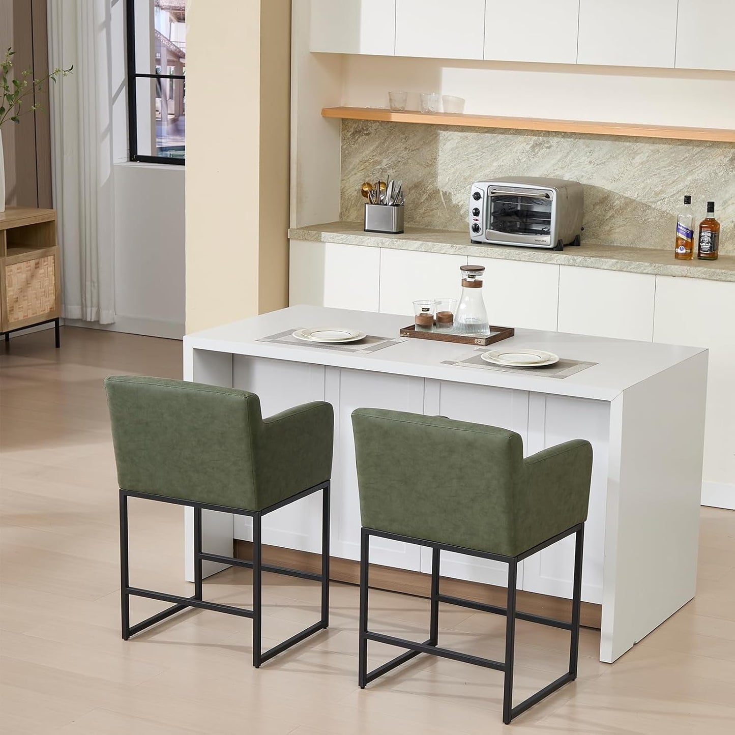 Modern 25" Green Leather Bar Stools (2)